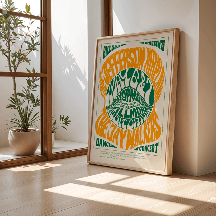 Psychedelic concert poster by Wes Wilson featuring The Jefferson Airplane Jay Walkers at Fillmore Auditorium. Poster design by Wes Wilson for The Jefferson Airplane Jay Walkers at Fillmore Auditorium with vibrant orange and green text.