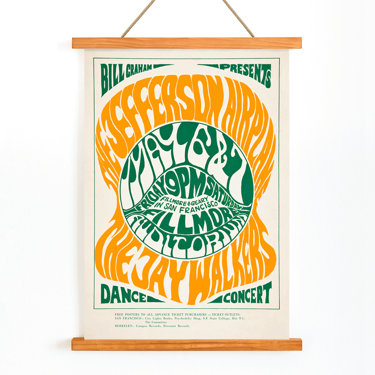 Psychedelic concert poster by Wes Wilson featuring The Jefferson Airplane Jay Walkers at Fillmore Auditorium. Poster design by Wes Wilson for The Jefferson Airplane Jay Walkers at Fillmore Auditorium with vibrant orange and green text.