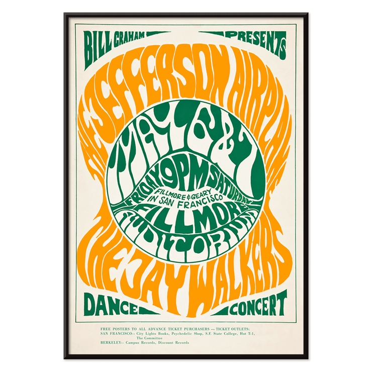Psychedelic concert poster by Wes Wilson featuring The Jefferson Airplane Jay Walkers at Fillmore Auditorium. Poster design by Wes Wilson for The Jefferson Airplane Jay Walkers at Fillmore Auditorium with vibrant orange and green text.