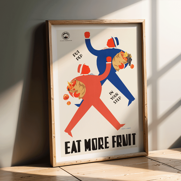 Colorful illustration promoting fruit consumption art by Wpa Health Department titled Eat More Fruits. Poster showing two stylized figures carrying baskets of fruit with the text Put Pep in Your Step Eat More Fruit by Wpa Health Department