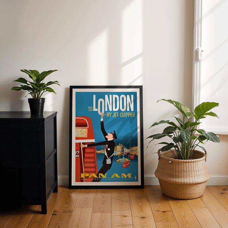 To London by Jet Clipper Pan-Am Airlines vintage poster artwork. Poster featuring a flight attendant and double-decker bus promoting travel to London by Jet Clipper Pan-Am Airlines.