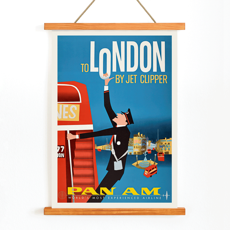 To London by Jet Clipper Pan-Am Airlines vintage poster artwork. Poster featuring a flight attendant and double-decker bus promoting travel to London by Jet Clipper Pan-Am Airlines.