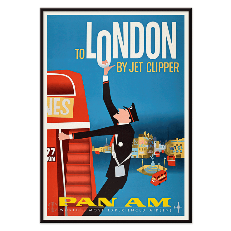 To London by Jet Clipper Pan-Am Airlines vintage poster artwork. Poster featuring a flight attendant and double-decker bus promoting travel to London by Jet Clipper Pan-Am Airlines.
