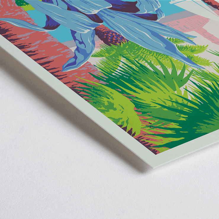 Discover Puerto Rico travel poster by Work Projects Administration featuring vibrant tropical scenery. Discover Puerto Rico poster by WPA Art Project with tropical plants a sailboat and a historic fort in vibrant colors.