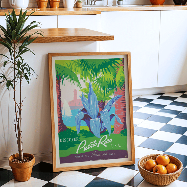 Discover Puerto Rico travel poster by Work Projects Administration featuring vibrant tropical scenery. Discover Puerto Rico poster by WPA Art Project with tropical plants a sailboat and a historic fort in vibrant colors.