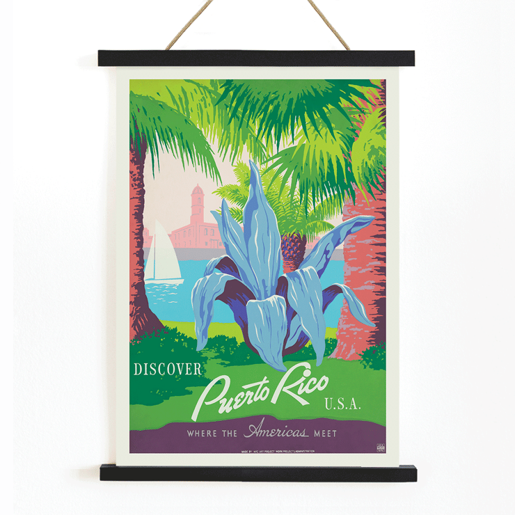 Discover Puerto Rico travel poster by Work Projects Administration featuring vibrant tropical scenery. Discover Puerto Rico poster by WPA Art Project with tropical plants a sailboat and a historic fort in vibrant colors.