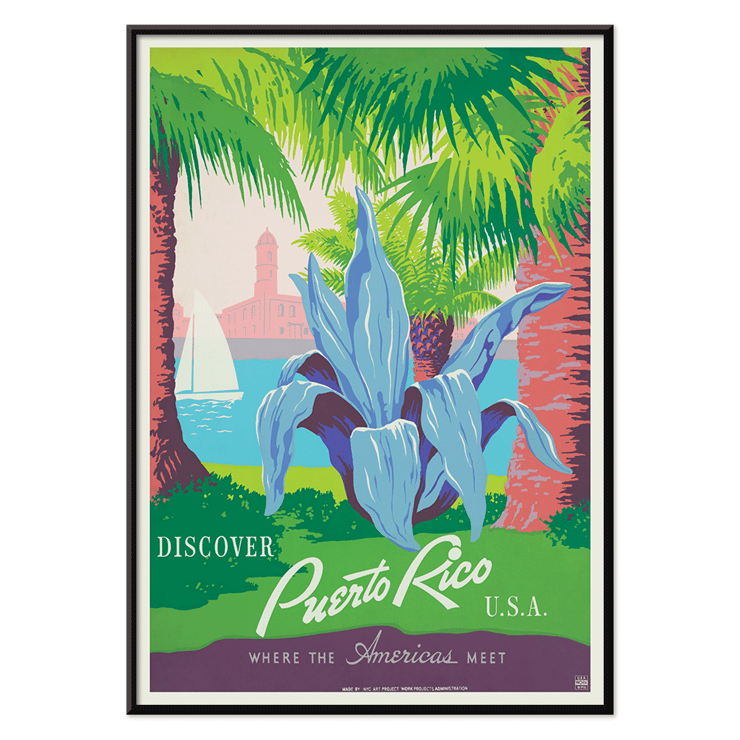 Discover Puerto Rico travel poster by Work Projects Administration featuring vibrant tropical scenery. Discover Puerto Rico poster by WPA Art Project with tropical plants a sailboat and a historic fort in vibrant colors.