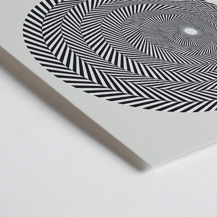 Bridget Riley Exhibition Poster for Artwork Riley Blaze Featuring Hypnotic Black and White Spiral Pattern Riley Blaze Exhibition Poster by Bridget Riley featuring black and white spiral geometric design on a light background.
