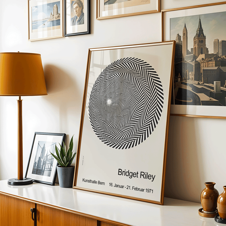 Bridget Riley Exhibition Poster for Artwork Riley Blaze Featuring Hypnotic Black and White Spiral Pattern Riley Blaze Exhibition Poster by Bridget Riley featuring black and white spiral geometric design on a light background.