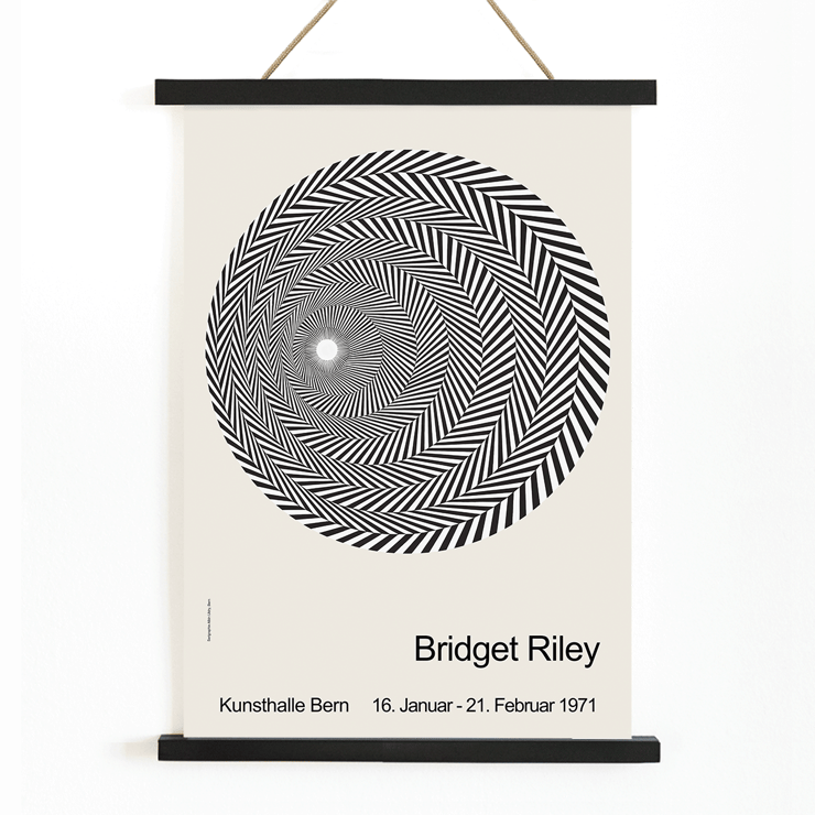 Bridget Riley Exhibition Poster for Artwork Riley Blaze Featuring Hypnotic Black and White Spiral Pattern Riley Blaze Exhibition Poster by Bridget Riley featuring black and white spiral geometric design on a light background.