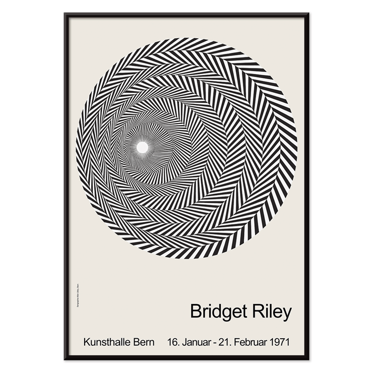 Bridget Riley Exhibition Poster for Artwork Riley Blaze Featuring Hypnotic Black and White Spiral Pattern Riley Blaze Exhibition Poster by Bridget Riley featuring black and white spiral geometric design on a light background.