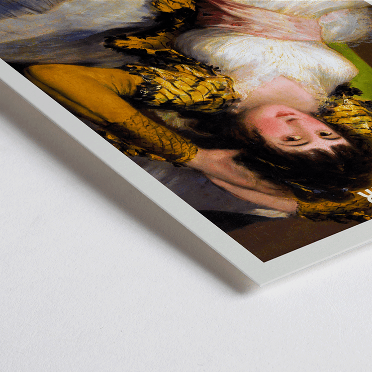 The Clothed Maja exhibition poster by Francisco Goya featuring a reclining woman in a white dress with yellow sleeves The Clothed Maja exhibition poster by Francisco Goya at Fondation Beyeler featuring the reclining woman in white and gold attire