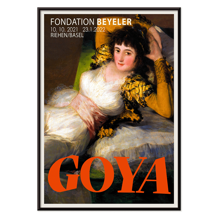The Clothed Maja exhibition poster by Francisco Goya featuring a reclining woman in a white dress with yellow sleeves The Clothed Maja exhibition poster by Francisco Goya at Fondation Beyeler featuring the reclining woman in white and gold attire