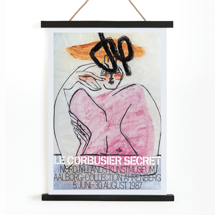 Secret Ahrenberg Collection Exhibition poster by Le Corbusier featuring abstract art. Secret Ahrenberg Collection Exhibition poster by Le Corbusier featuring abstract art with bold lines and vivid colors.
