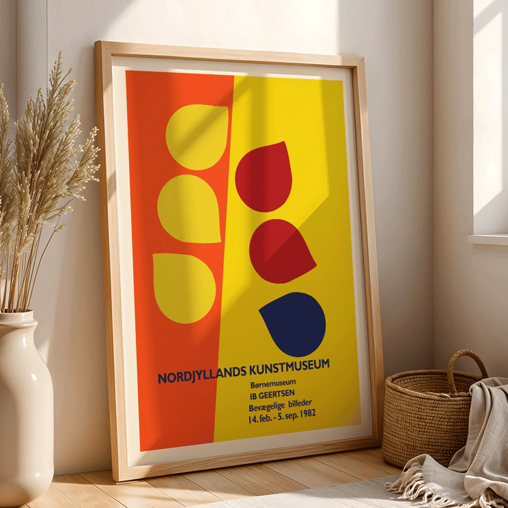 Colorful geometric shapes in artwork by Ib Geertsen titled Exhibition poster. Exhibition poster by Ib Geertsen featuring abstract shapes in yellow red and blue on an orange and yellow background
