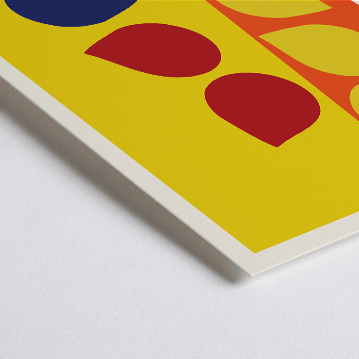 Colorful geometric shapes in artwork by Ib Geertsen titled Exhibition poster. Exhibition poster by Ib Geertsen featuring abstract shapes in yellow red and blue on an orange and yellow background