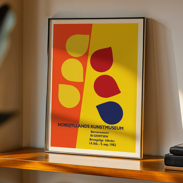 Colorful geometric shapes in artwork by Ib Geertsen titled Exhibition poster. Exhibition poster by Ib Geertsen featuring abstract shapes in yellow red and blue on an orange and yellow background