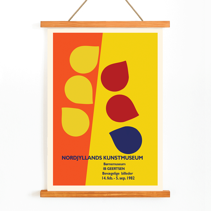 Colorful geometric shapes in artwork by Ib Geertsen titled Exhibition poster. Exhibition poster by Ib Geertsen featuring abstract shapes in yellow red and blue on an orange and yellow background