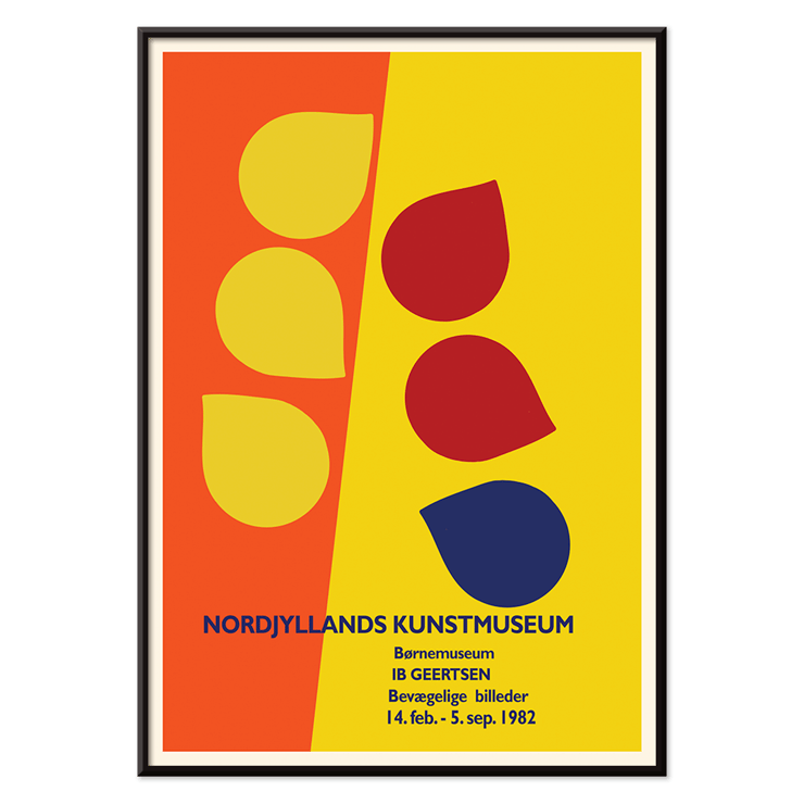 Colorful geometric shapes in artwork by Ib Geertsen titled Exhibition poster. Exhibition poster by Ib Geertsen featuring abstract shapes in yellow red and blue on an orange and yellow background