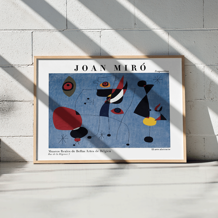 Exhibition poster featuring colorful abstract artwork Woman and Bird at Night by Joan Miro Poster of abstract artwork Woman and Bird at Night by Joan Miro featuring colorful shapes on a blue background