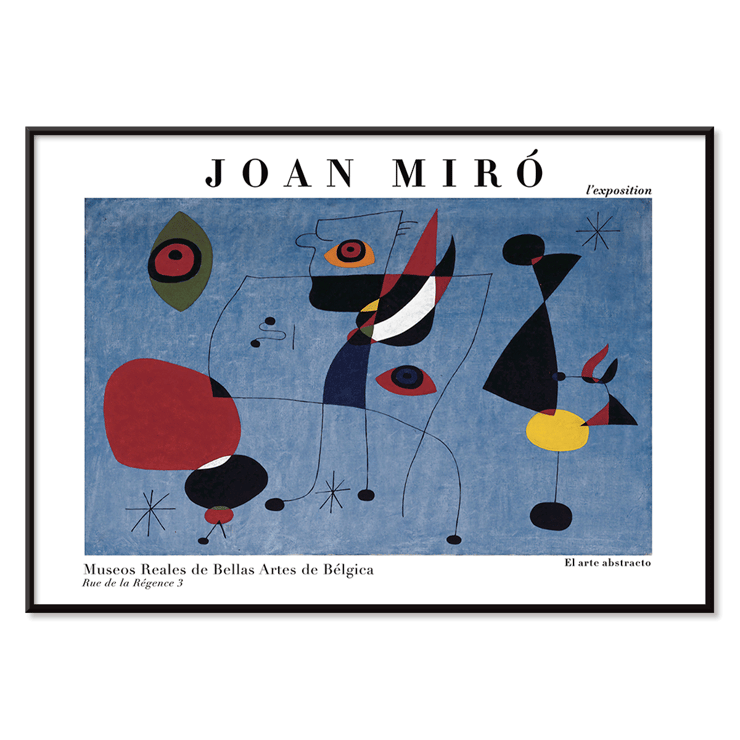 Exhibition poster featuring colorful abstract artwork Woman and Bird at Night by Joan Miro Poster of abstract artwork Woman and Bird at Night by Joan Miro featuring colorful shapes on a blue background