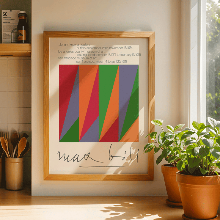 Colorful geometric design by Max Bill in serigraph silkscreen exhibition poster Colorful geometric shapes on exhibition poster by Max Bill titled Serigraph Silkscreen with signature at bottom in a black frame