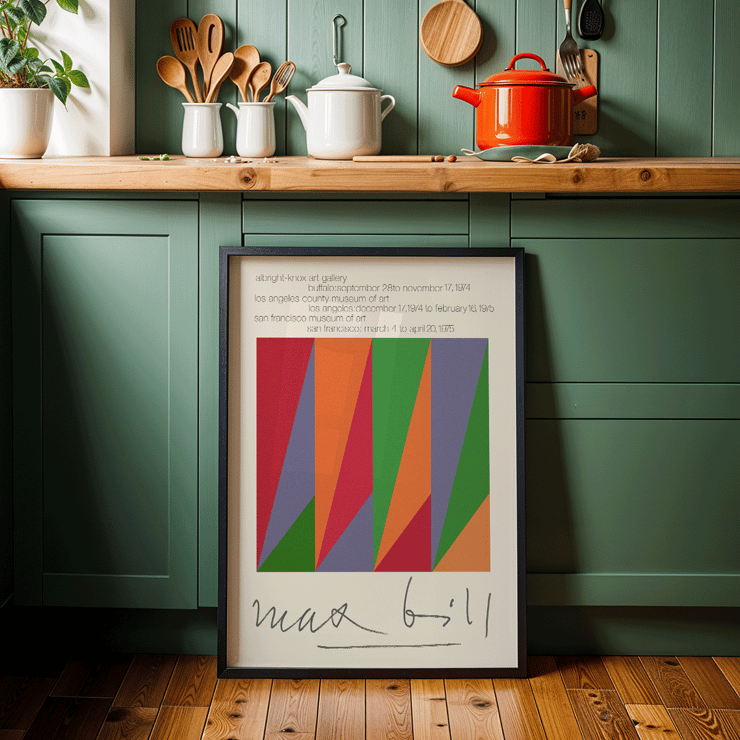 Colorful geometric design by Max Bill in serigraph silkscreen exhibition poster Colorful geometric shapes on exhibition poster by Max Bill titled Serigraph Silkscreen with signature at bottom in a black frame
