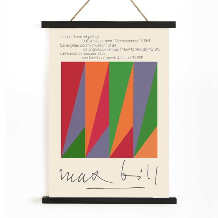 Colorful geometric design by Max Bill in serigraph silkscreen exhibition poster Colorful geometric shapes on exhibition poster by Max Bill titled Serigraph Silkscreen with signature at bottom in a black frame
