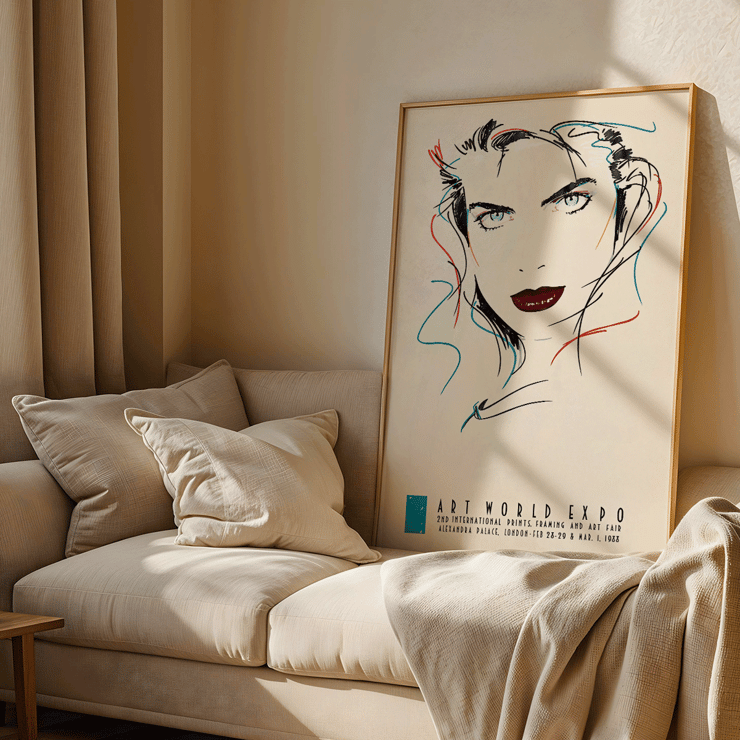 Portrait of a woman by Dennis Mukai titled Female Portrait Metropolis Julie at Art World Expo Poster featuring the female portrait artwork Metropolis Julie by Dennis Mukai with colorful abstract lines and bold lips.