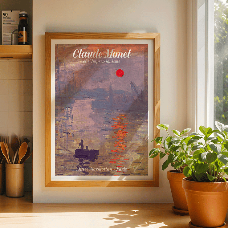 Claude Monet Soleil Levan exhibition poster Impressionist artwork scene Claude Monet exhibition poster titled Soleil Levan featuring a vibrant impressionist scene with a red sun over water.