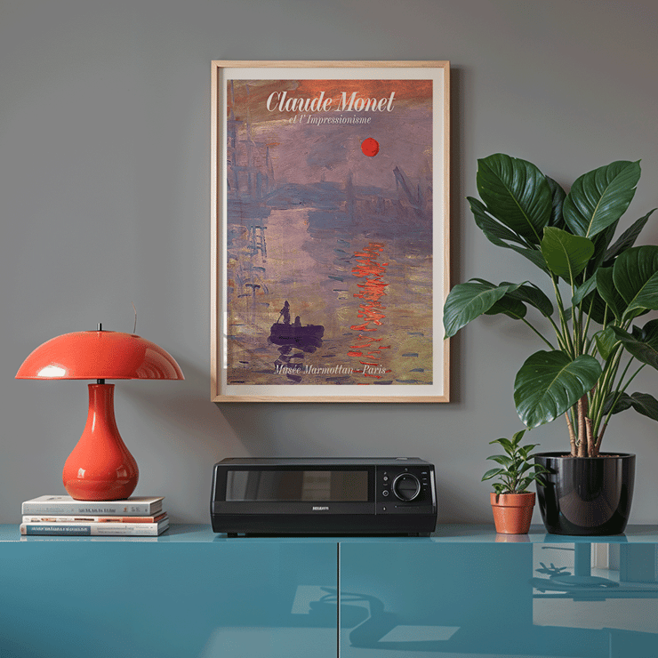Claude Monet Soleil Levan exhibition poster Impressionist artwork scene Claude Monet exhibition poster titled Soleil Levan featuring a vibrant impressionist scene with a red sun over water.