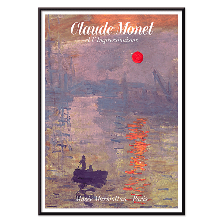 Claude Monet Soleil Levan exhibition poster Impressionist artwork scene Claude Monet exhibition poster titled Soleil Levan featuring a vibrant impressionist scene with a red sun over water.