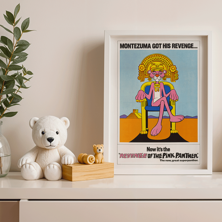 Pink Panther in Montezuma-themed artwork titled Revenge of the Pink Panther by artist unknown. Poster depicting the Pink Panther sitting on a throne with Montezuma theme titled Revenge of the Pink Panther.