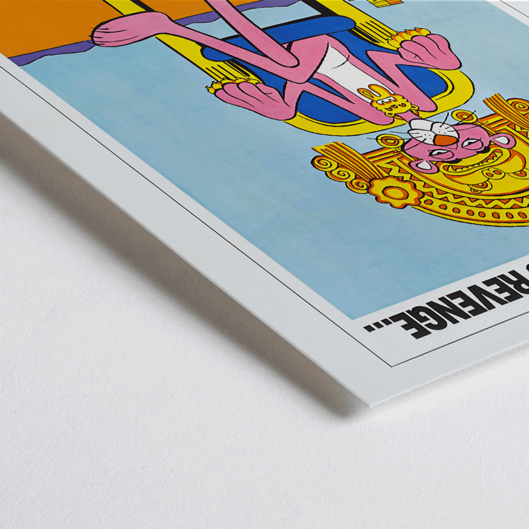 Pink Panther in Montezuma-themed artwork titled Revenge of the Pink Panther by artist unknown. Poster depicting the Pink Panther sitting on a throne with Montezuma theme titled Revenge of the Pink Panther.