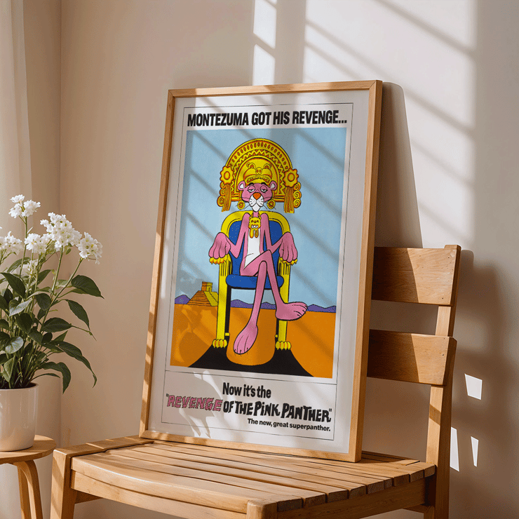 Pink Panther in Montezuma-themed artwork titled Revenge of the Pink Panther by artist unknown. Poster depicting the Pink Panther sitting on a throne with Montezuma theme titled Revenge of the Pink Panther.