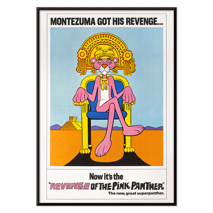 Pink Panther in Montezuma-themed artwork titled Revenge of the Pink Panther by artist unknown. Poster depicting the Pink Panther sitting on a throne with Montezuma theme titled Revenge of the Pink Panther.