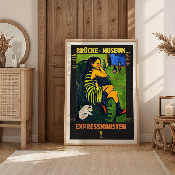 Brucke museum exhibition poster of Female Artist by Ernst Ludwig Kirchner showing an expressionist scene. Brücke museum exhibition poster featuring Female Artist by Ernst Ludwig Kirchner with a colorful expressionist painting.
