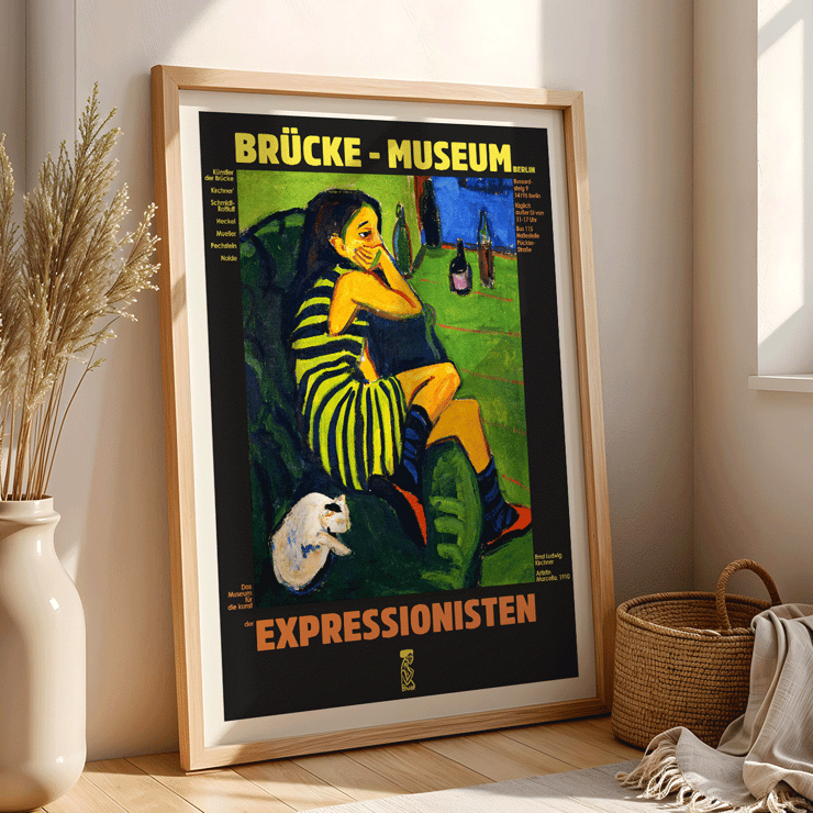 Brucke museum exhibition poster of Female Artist by Ernst Ludwig Kirchner showing an expressionist scene. Brücke museum exhibition poster featuring Female Artist by Ernst Ludwig Kirchner with a colorful expressionist painting.