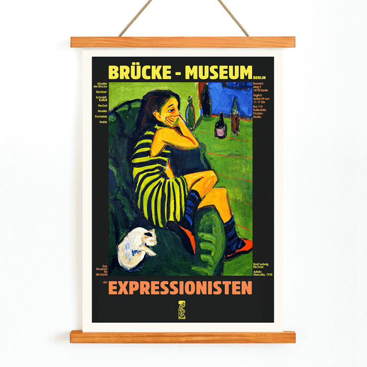 Brucke museum exhibition poster of Female Artist by Ernst Ludwig Kirchner showing an expressionist scene. Brücke museum exhibition poster featuring Female Artist by Ernst Ludwig Kirchner with a colorful expressionist painting.