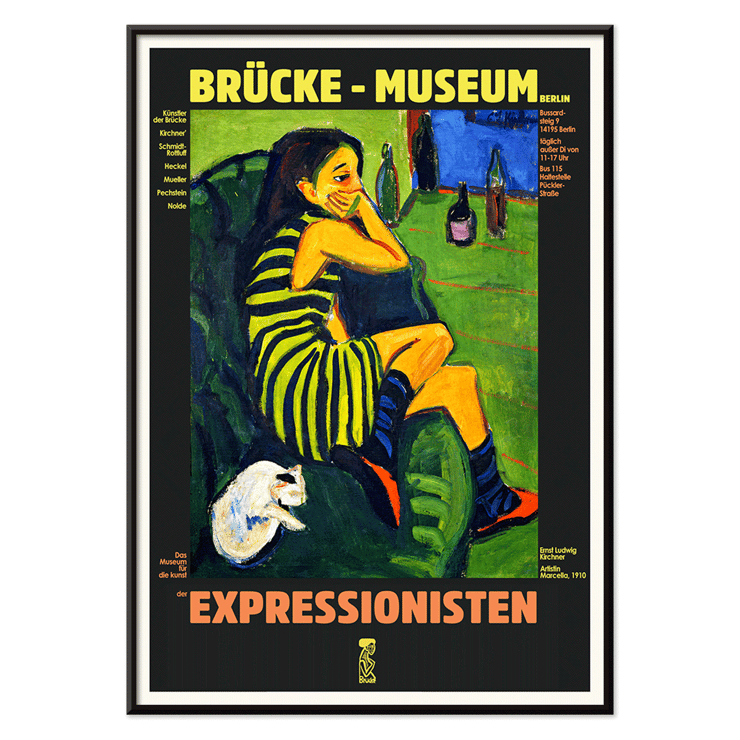 Brucke museum exhibition poster of Female Artist by Ernst Ludwig Kirchner showing an expressionist scene. Brücke museum exhibition poster featuring Female Artist by Ernst Ludwig Kirchner with a colorful expressionist painting.