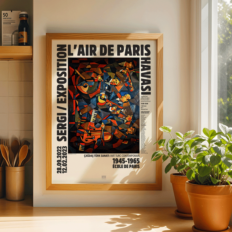 Le Concert by Hulusi Mercan L'Air de Paris exhibition poster featuring colorful abstract musical instruments. L'Air de Paris exhibition poster featuring Le Concert abstract artwork by Hulusi Mercan with musical instruments and vibrant colors.