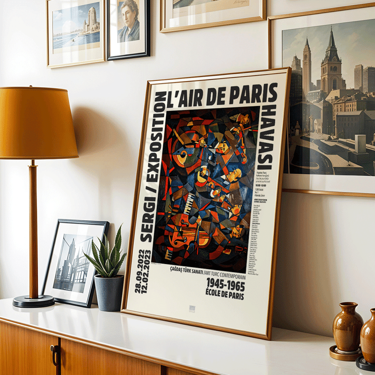 Le Concert by Hulusi Mercan L'Air de Paris exhibition poster featuring colorful abstract musical instruments. L'Air de Paris exhibition poster featuring Le Concert abstract artwork by Hulusi Mercan with musical instruments and vibrant colors.