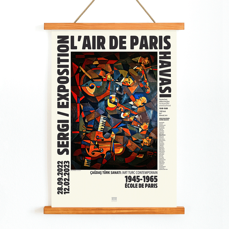 Le Concert by Hulusi Mercan L'Air de Paris exhibition poster featuring colorful abstract musical instruments. L'Air de Paris exhibition poster featuring Le Concert abstract artwork by Hulusi Mercan with musical instruments and vibrant colors.