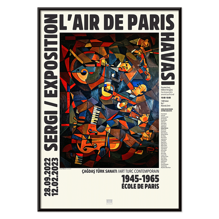 Le Concert by Hulusi Mercan L'Air de Paris exhibition poster featuring colorful abstract musical instruments. L'Air de Paris exhibition poster featuring Le Concert abstract artwork by Hulusi Mercan with musical instruments and vibrant colors.