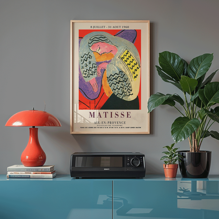 Henri Matisse exhibition poster featuring The Dream artwork at Aix en Provence exhibition. Poster of The Dream by Henri Matisse at Aix en Provence exhibition with a colorful abstract design featuring a reclining figure