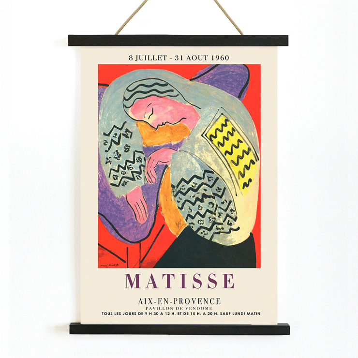 Henri Matisse exhibition poster featuring The Dream artwork at Aix en Provence exhibition. Poster of The Dream by Henri Matisse at Aix en Provence exhibition with a colorful abstract design featuring a reclining figure