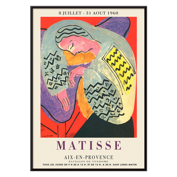 Henri Matisse exhibition poster featuring The Dream artwork at Aix en Provence exhibition. Poster of The Dream by Henri Matisse at Aix en Provence exhibition with a colorful abstract design featuring a reclining figure