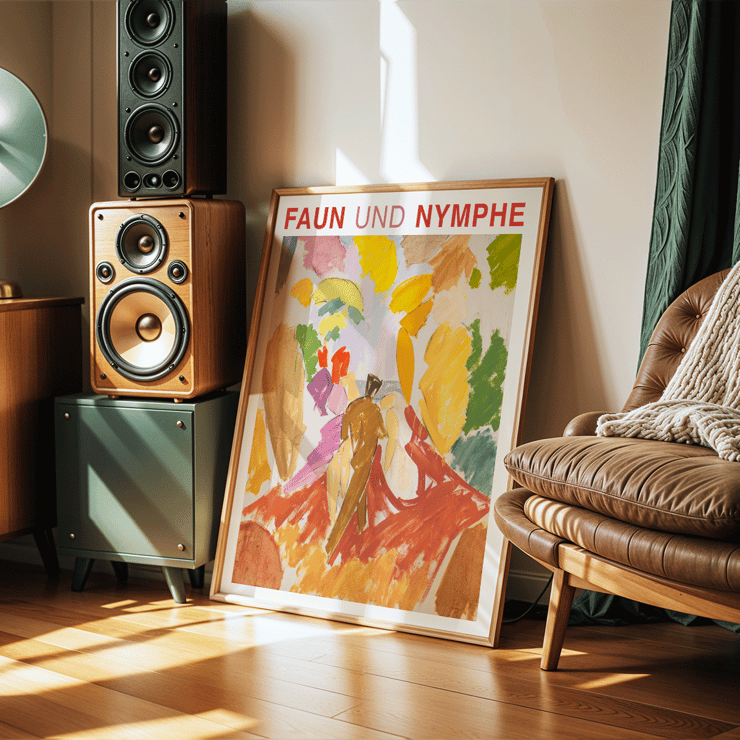 Faun and Nymphe by Edvard Weie vibrant abstract painting with figures and colorful brushstrokes Poster showing vibrant abstract figures with bold colors titled Faun and Nymphe by Edvard Weie.