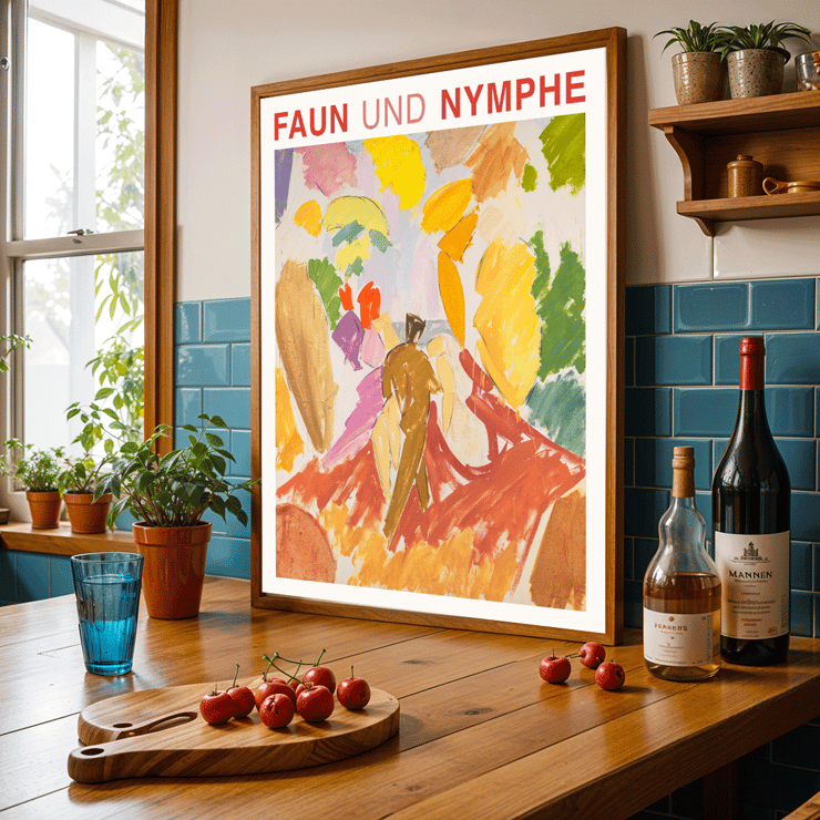 Faun and Nymphe by Edvard Weie vibrant abstract painting with figures and colorful brushstrokes Poster showing vibrant abstract figures with bold colors titled Faun and Nymphe by Edvard Weie.
