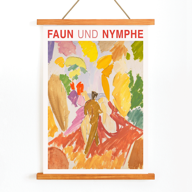Faun and Nymphe by Edvard Weie vibrant abstract painting with figures and colorful brushstrokes Poster showing vibrant abstract figures with bold colors titled Faun and Nymphe by Edvard Weie.